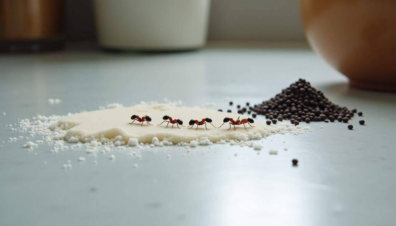 An ant trail leads to spilled sugar with pepper barrier.