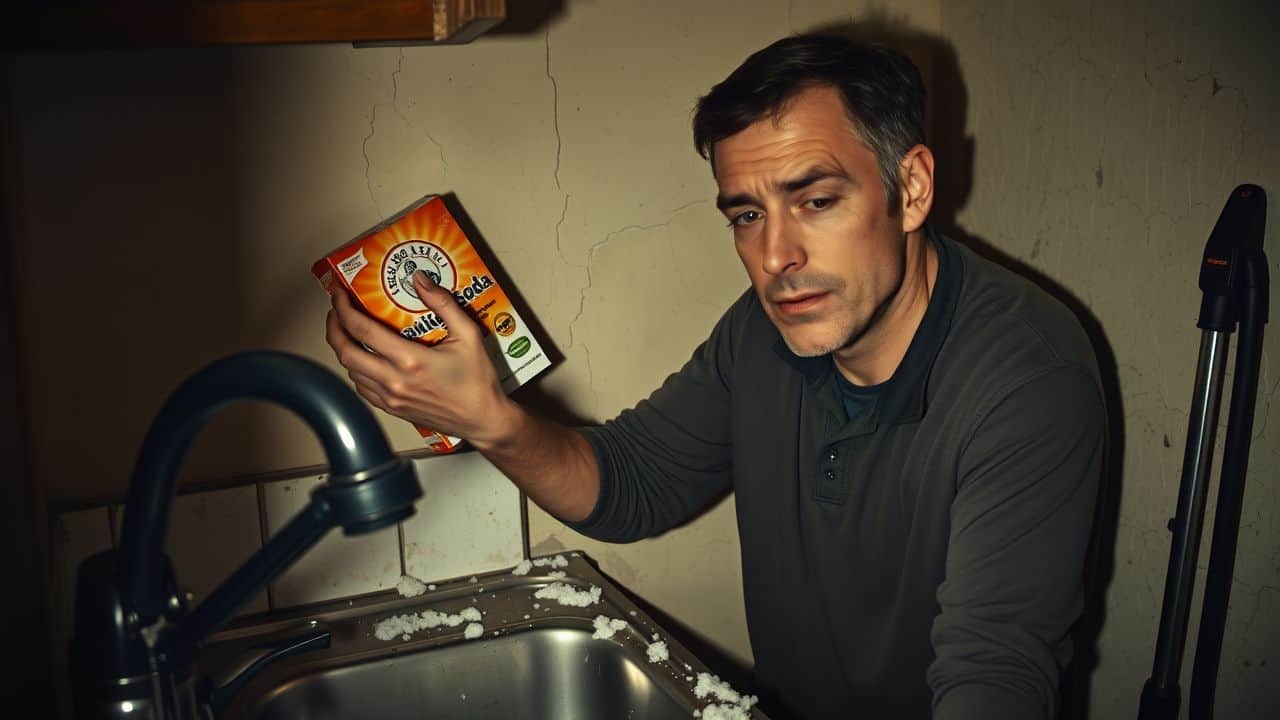 A person setting up homemade traps for pests in a worn kitchen.