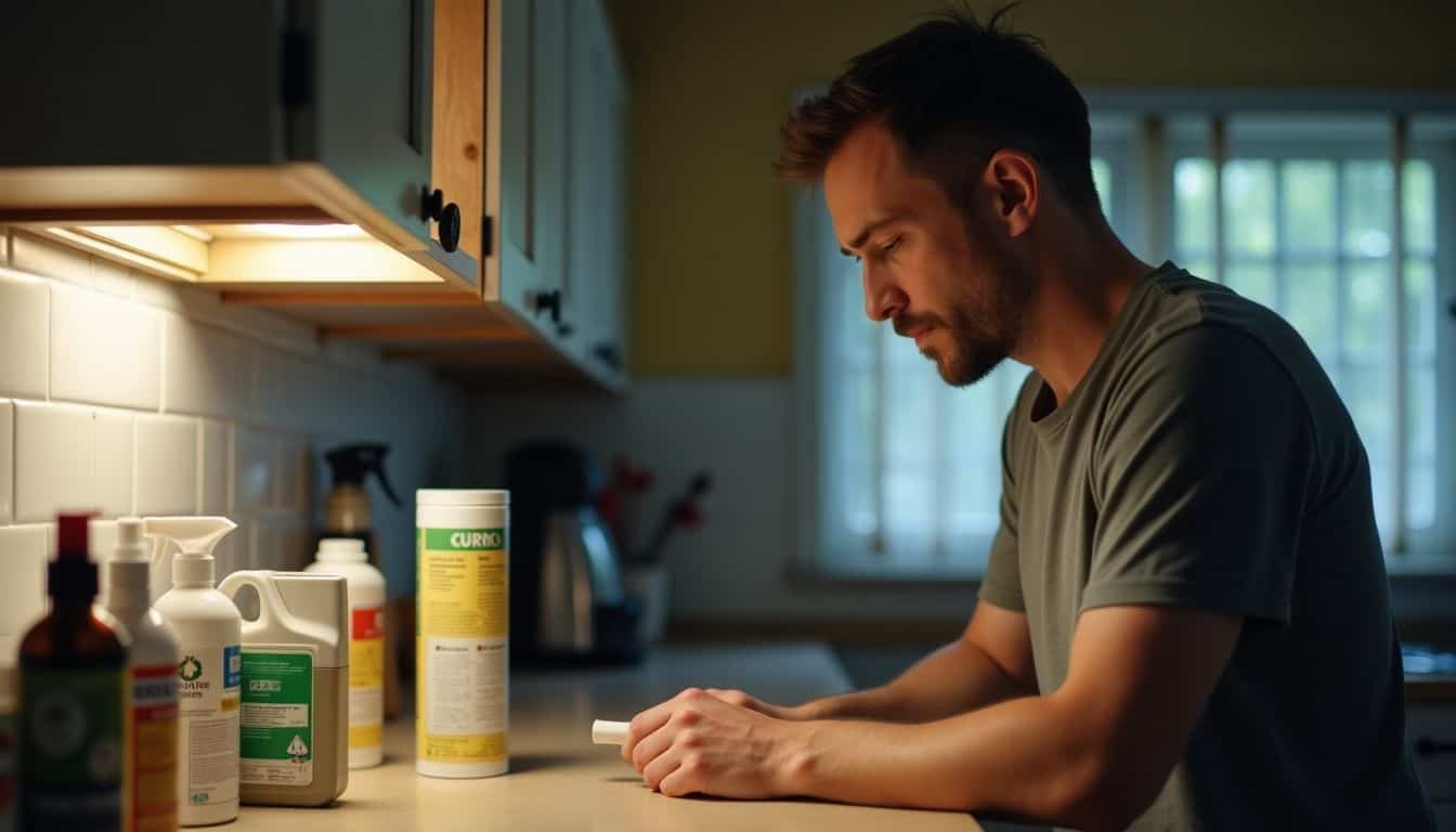 A man sets up insecticide traps in cluttered kitchen.