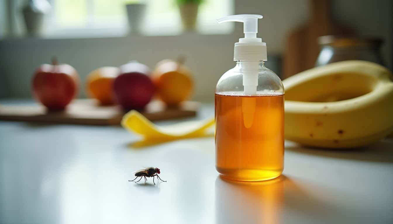 A DIY fruit fly trap on a kitchen countertop surrounded by fruits.