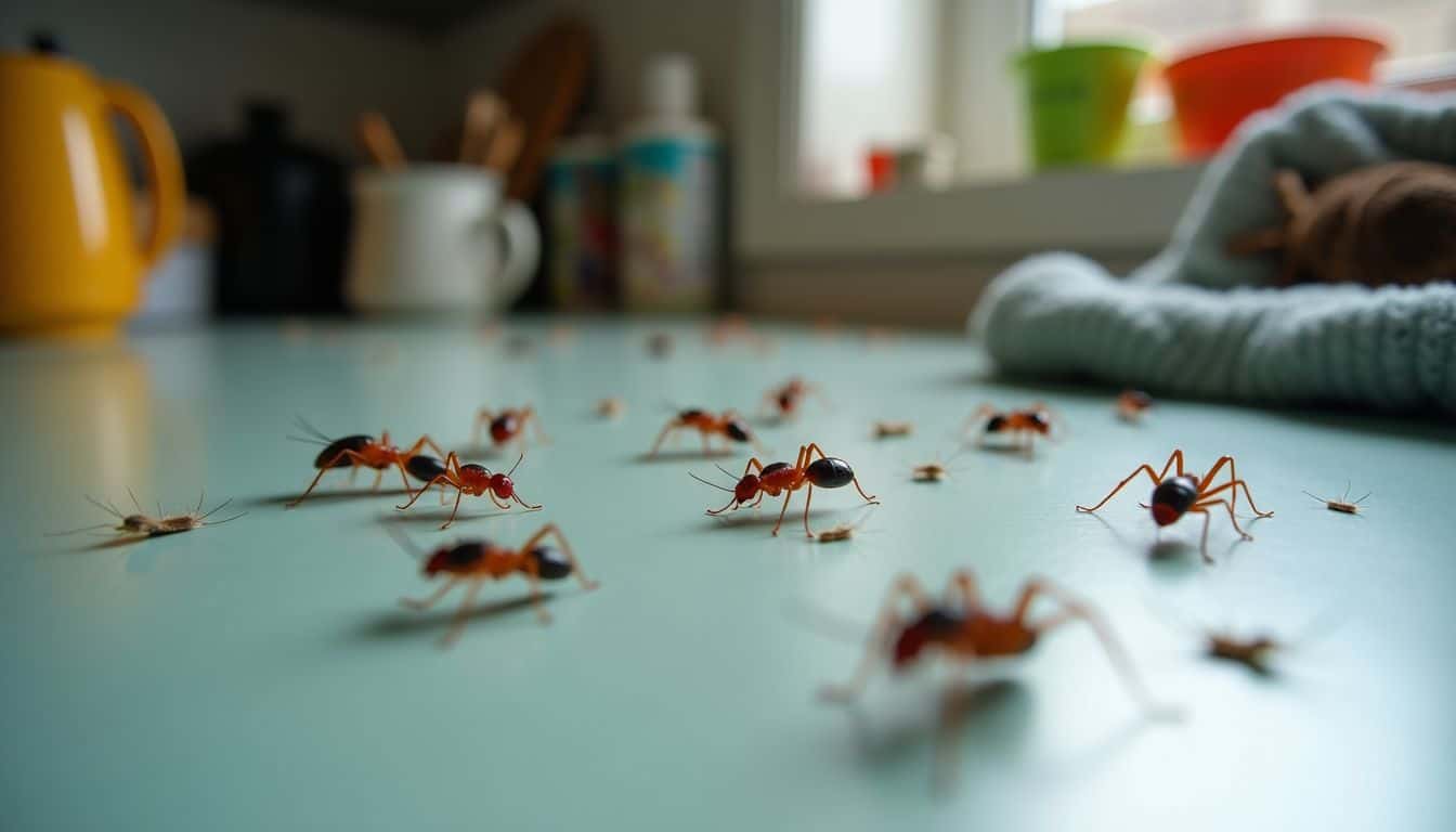 A cluttered kitchen counter with various household bugs present.