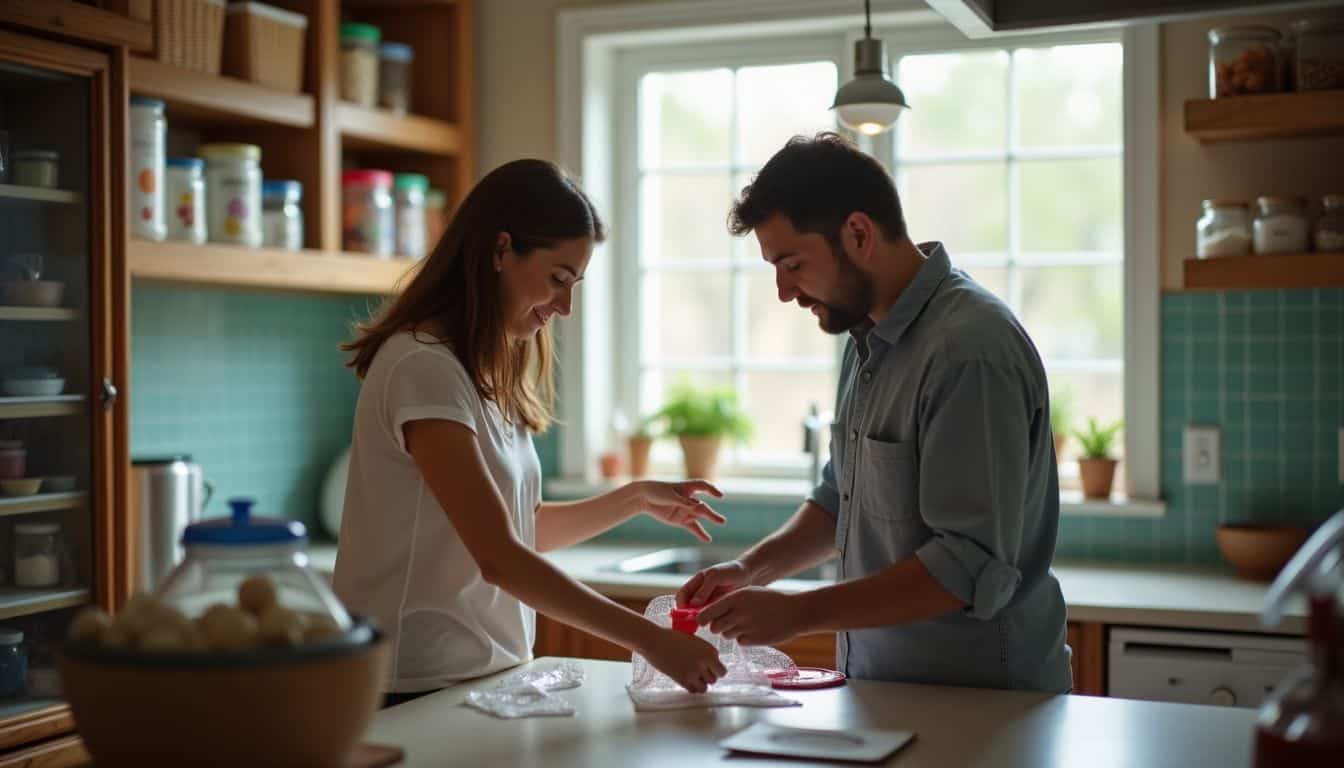 A couple in their thirties organizes and cleans their kitchen pantry.