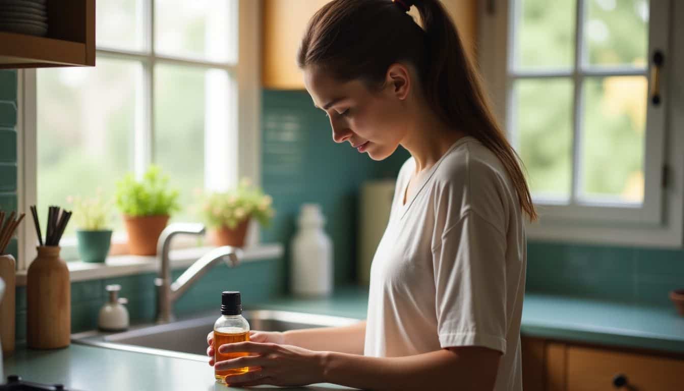 A person applying natural bug repellent in their kitchen.