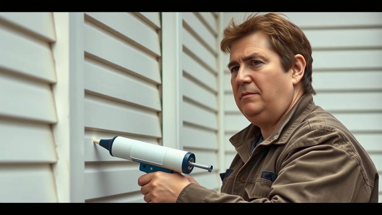 A person using a caulk gun to seal exterior cracks on a house.