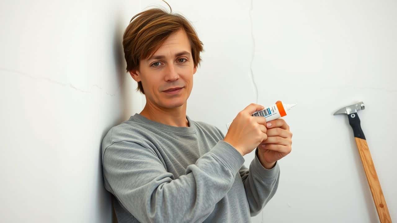 A person is sealing cracks in a wall at home with caulk.