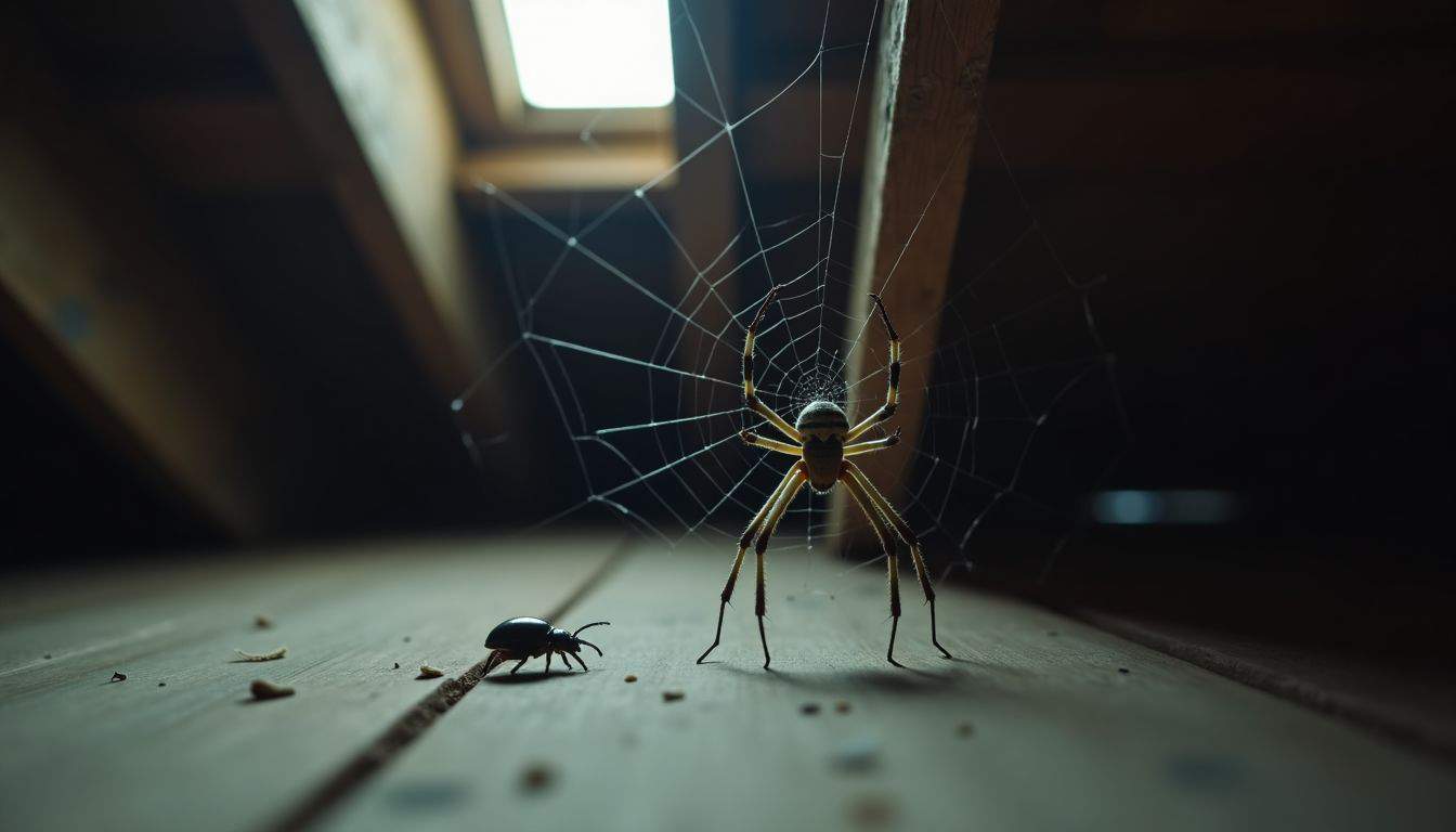 A spider patiently spins a web while a beetle approaches.