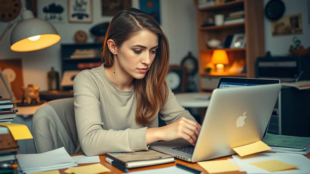 A woman in her 20s sits at a cluttered desk scrolling through Instagram.