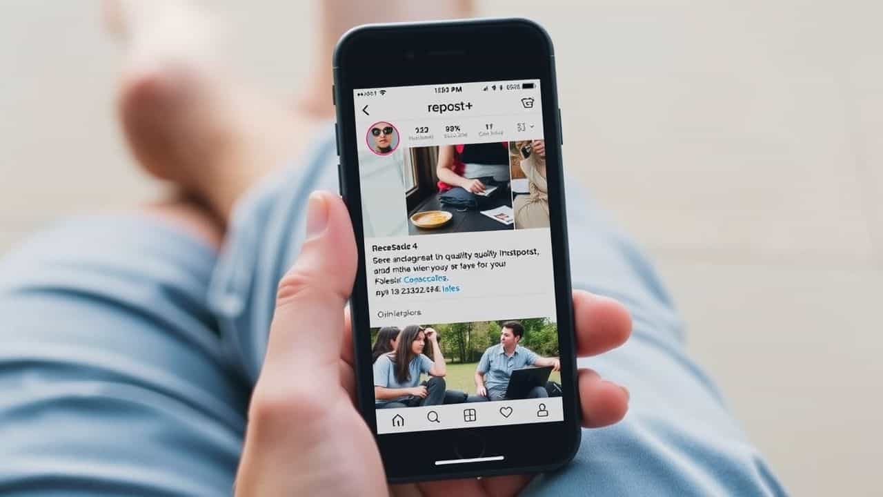 A smartphone displaying the Repost+ app for Instagram content sharing.