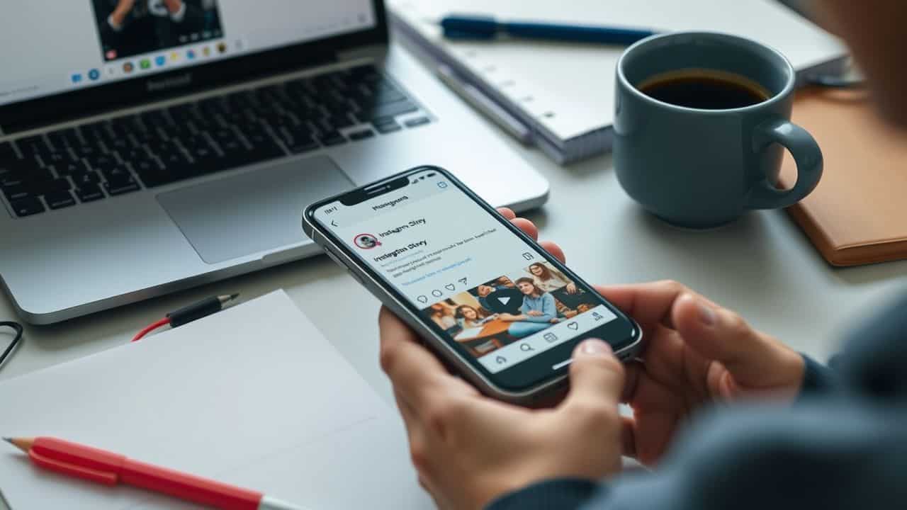 A cluttered desk with a smartphone displaying a reposted Instagram story.