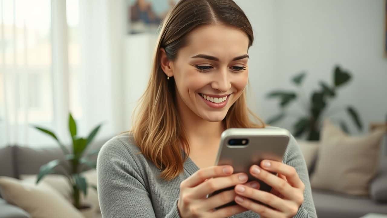 A woman in her 30s smiling while reading a direct message.