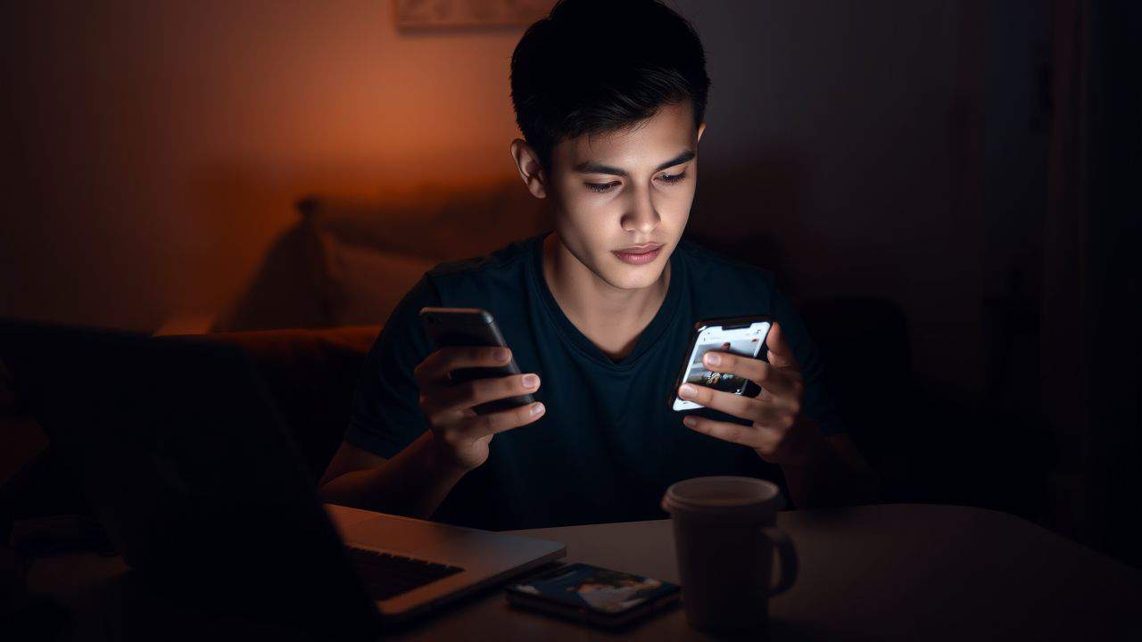 A young adult casually scrolls through Instagram at a cozy workspace.