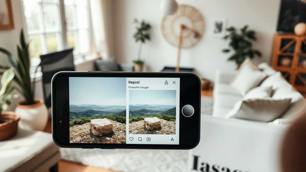 A smartphone displaying a reposted landscape photo in a cozy living room.