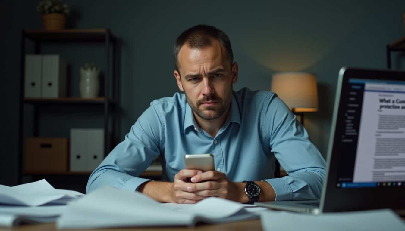 A frustrated man sits at a messy desk with a laptop.