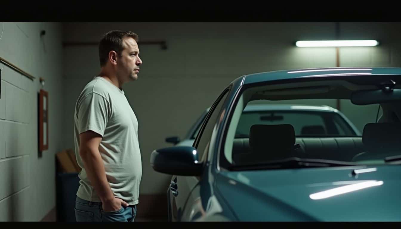 A man inspects a used car in a dimly lit garage.