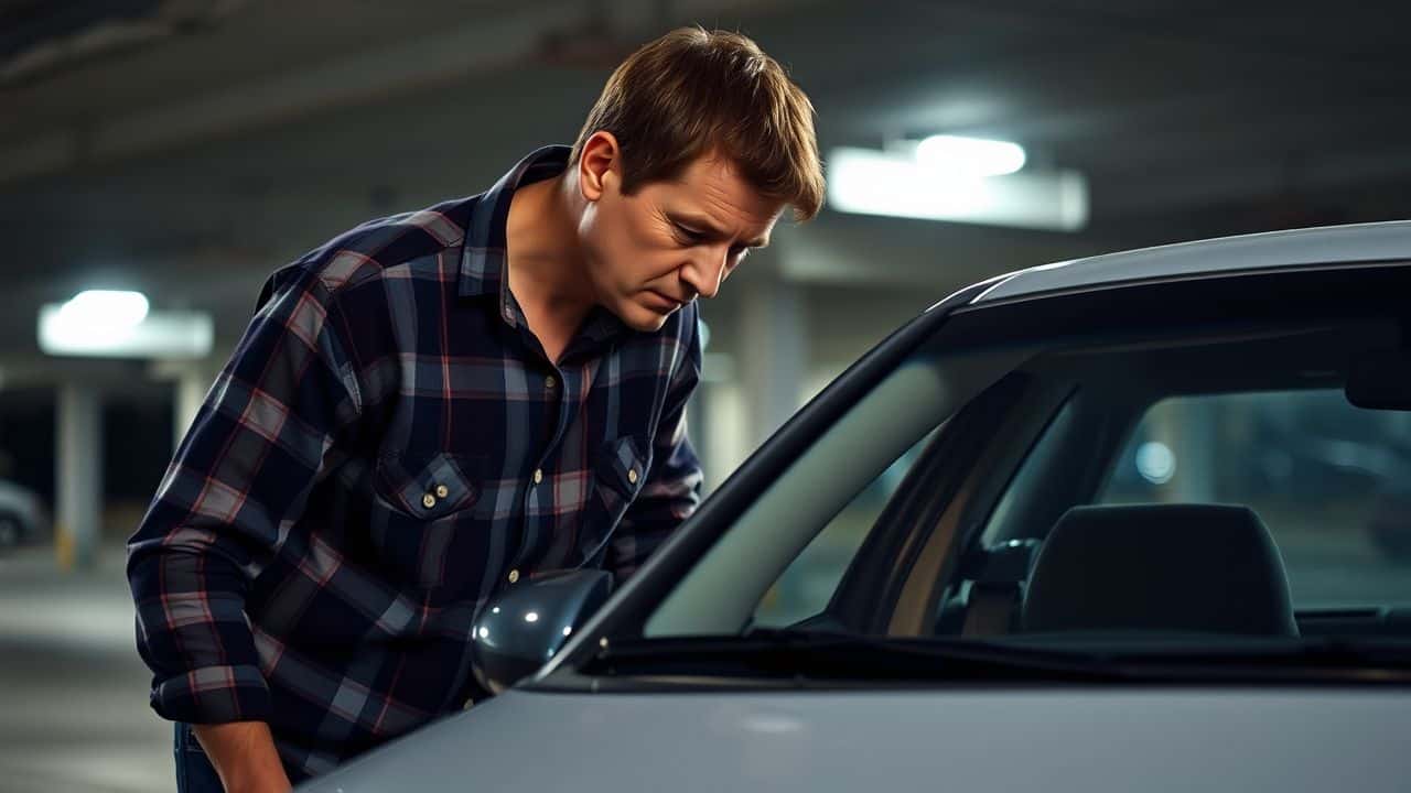 A man inspects a used car in a dimly lit parking lot.