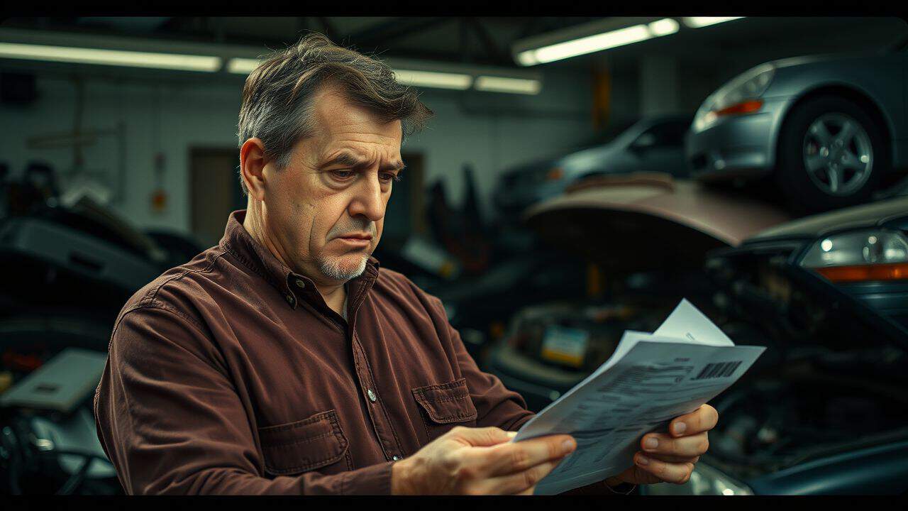 A man frustratedly looks through car repair receipts in cluttered garage.