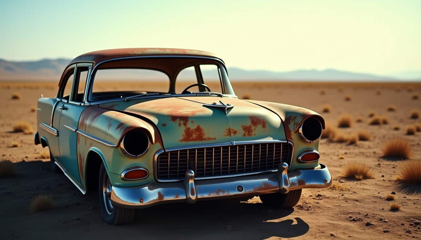 An abandoned, rusted car in a barren field illustrates neglect.