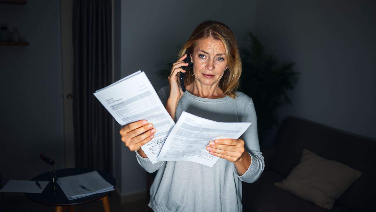 A frustrated woman dealing with car repair paperwork and phone calls.