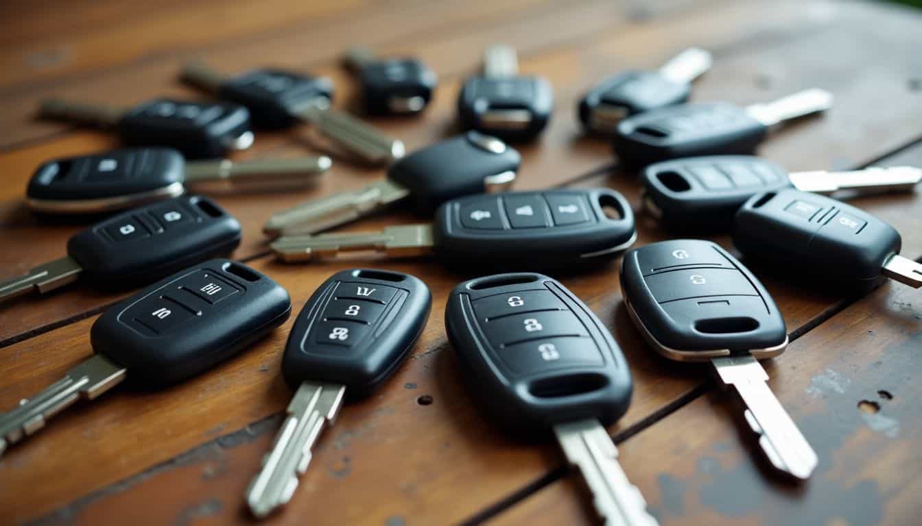 A variety of state-specific lemon law car key fobs on a table.