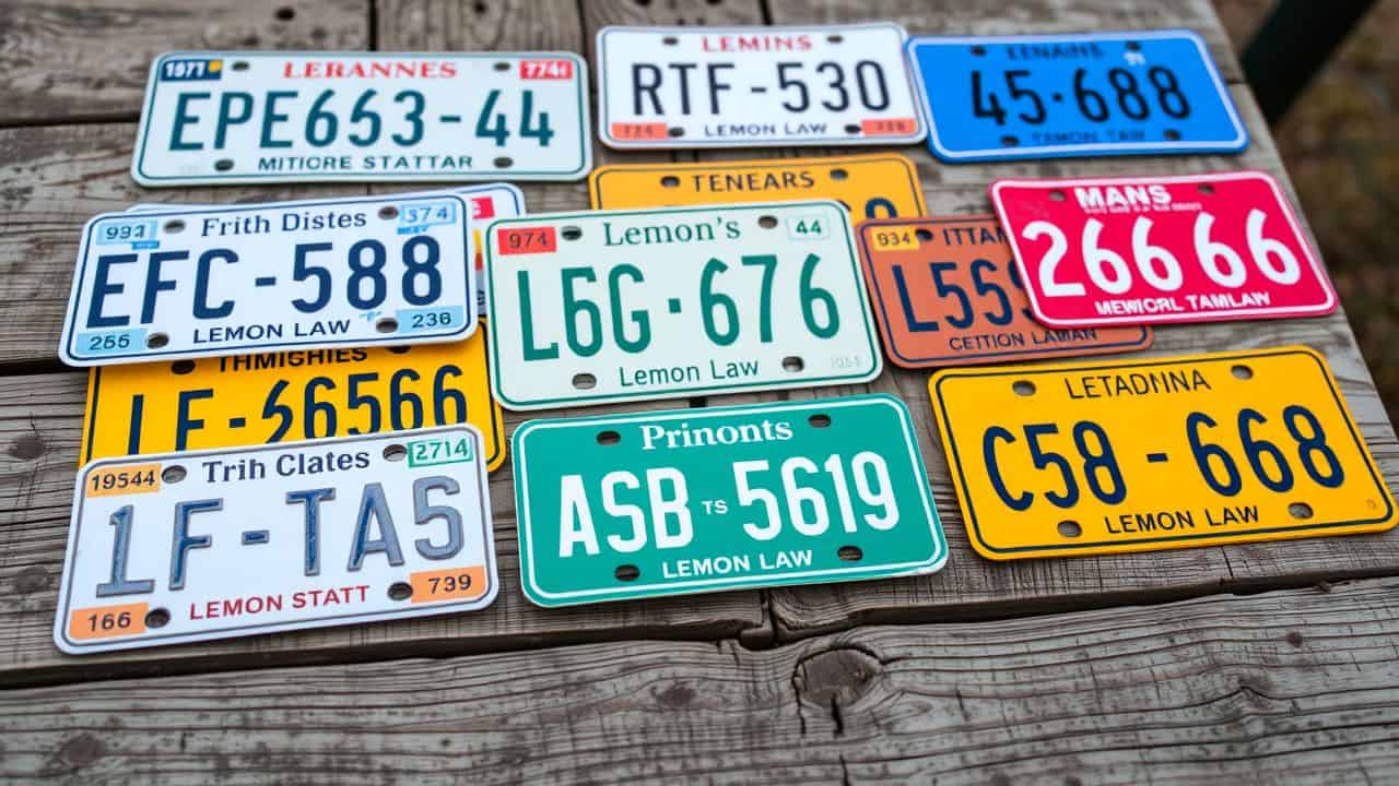 A collection of colorful state license plates showcasing Lemon Law coverage differences for used cars.