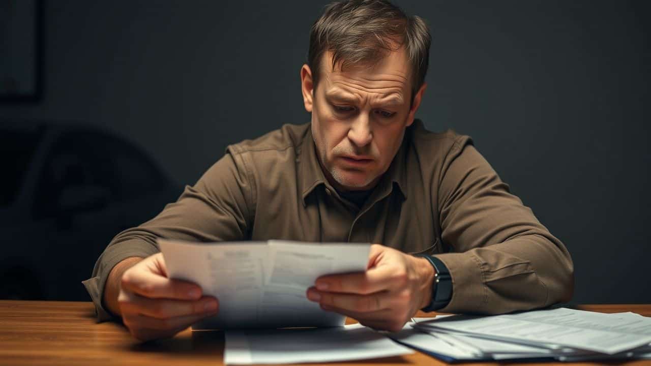 A man frustratedly sorts through car repair receipts at a table.