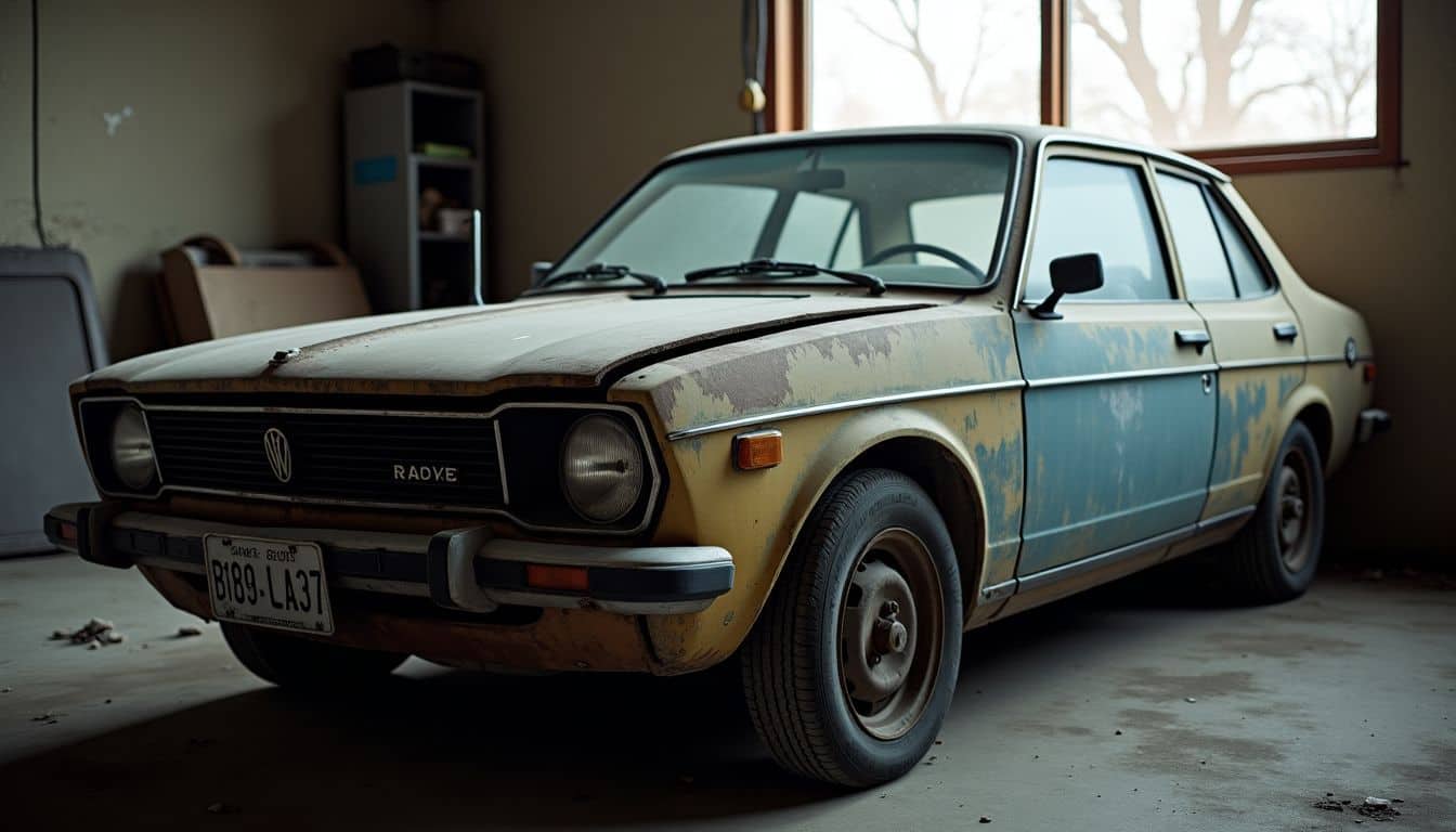 An abandoned car in a garage in poor condition and neglected.