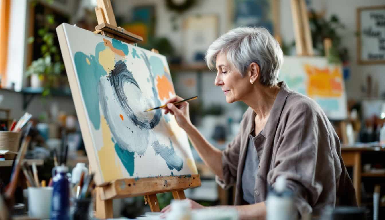 An elderly woman paints abstract art in her cluttered home studio.