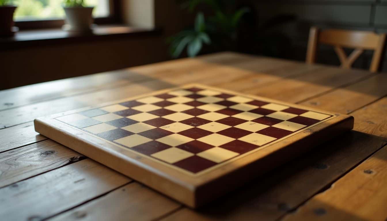 An empty chessboard on a rustic wooden table.