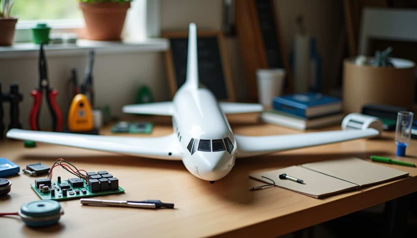 A workbench with model airplane and assorted tools and components.