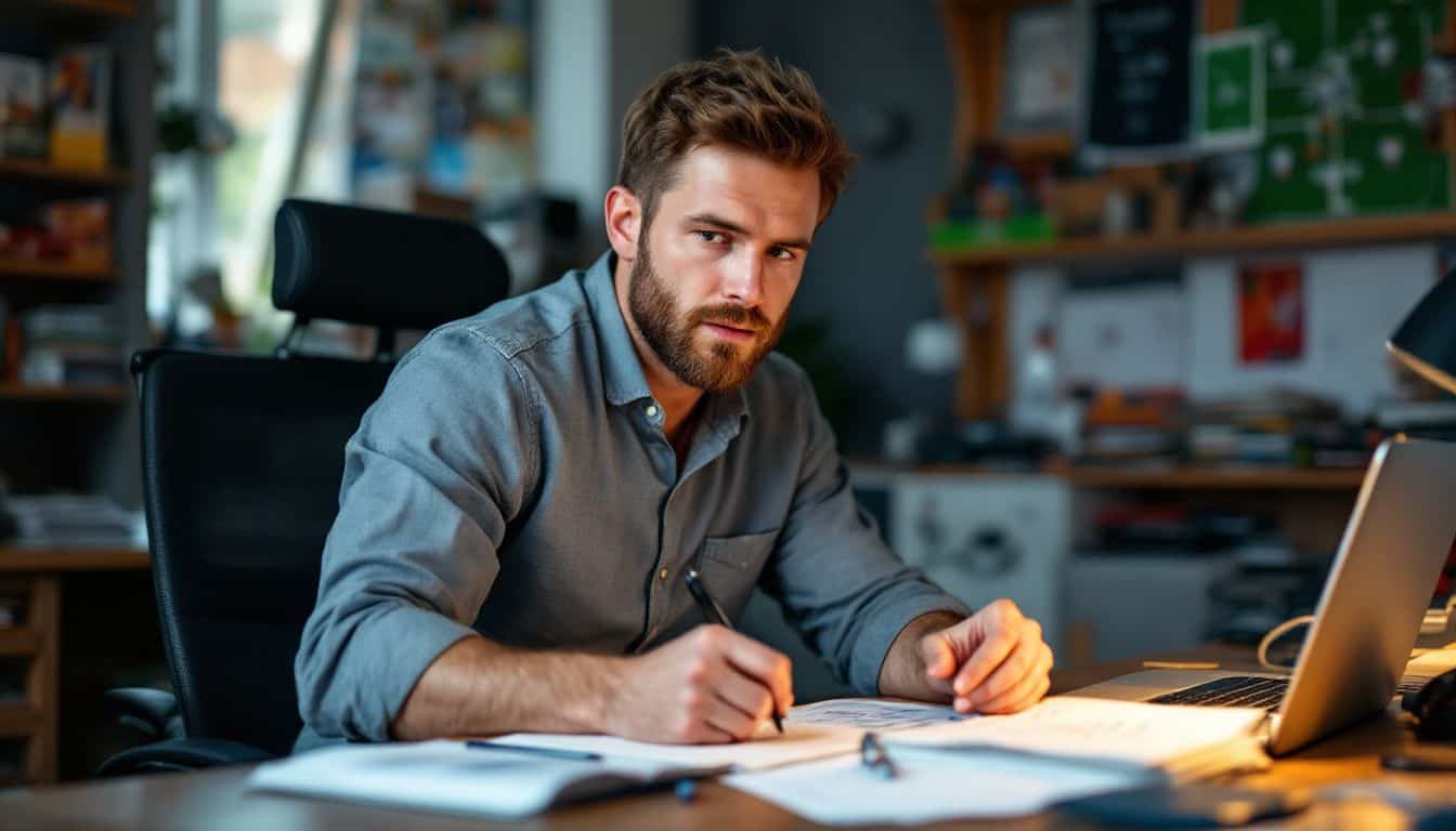 A man in his 30s is focused on managing his fantasy sports team.