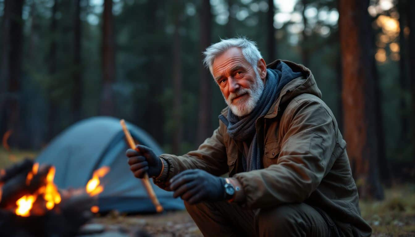 An elderly man setting up a tent in a forest at dusk.