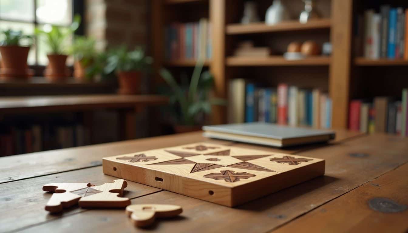 A close-up photo of a wooden puzzle on a table.