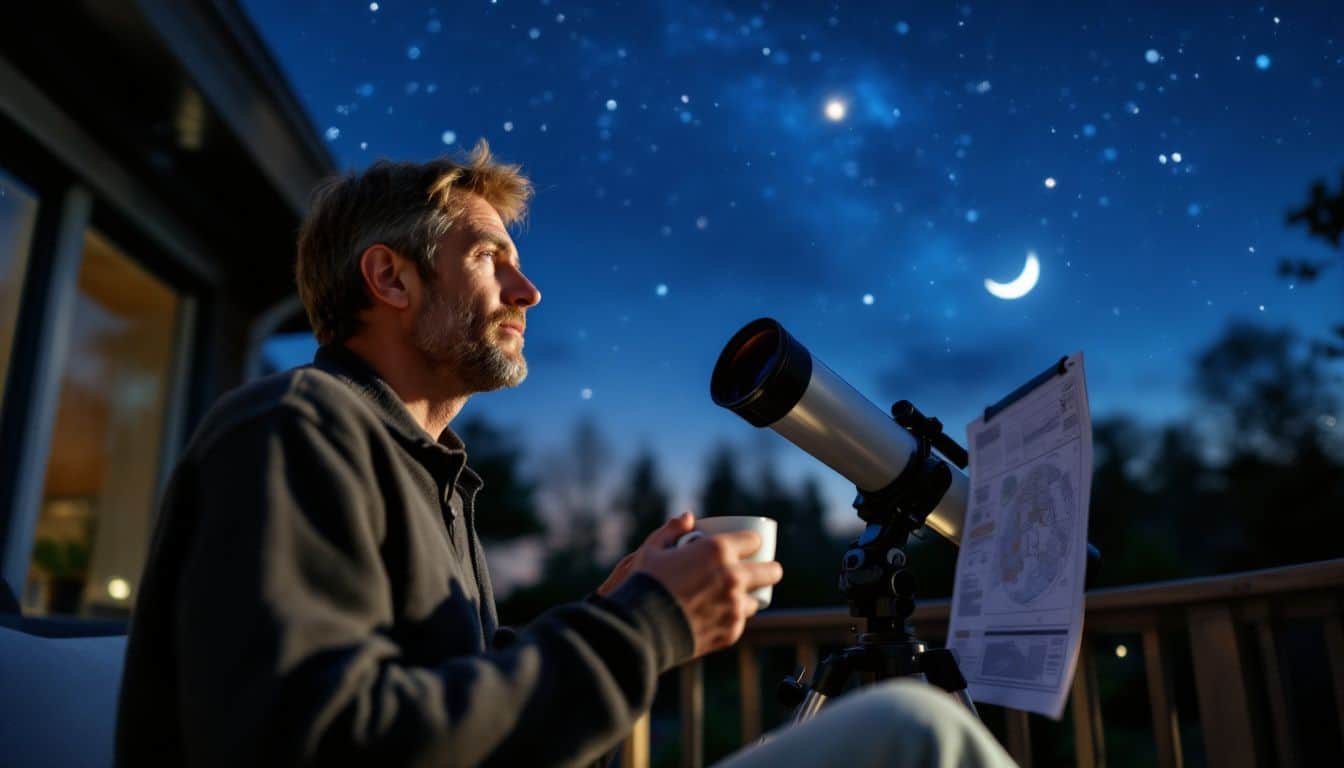 A man in his 40s stargazing from his backyard deck with a telescope and hot cocoa.