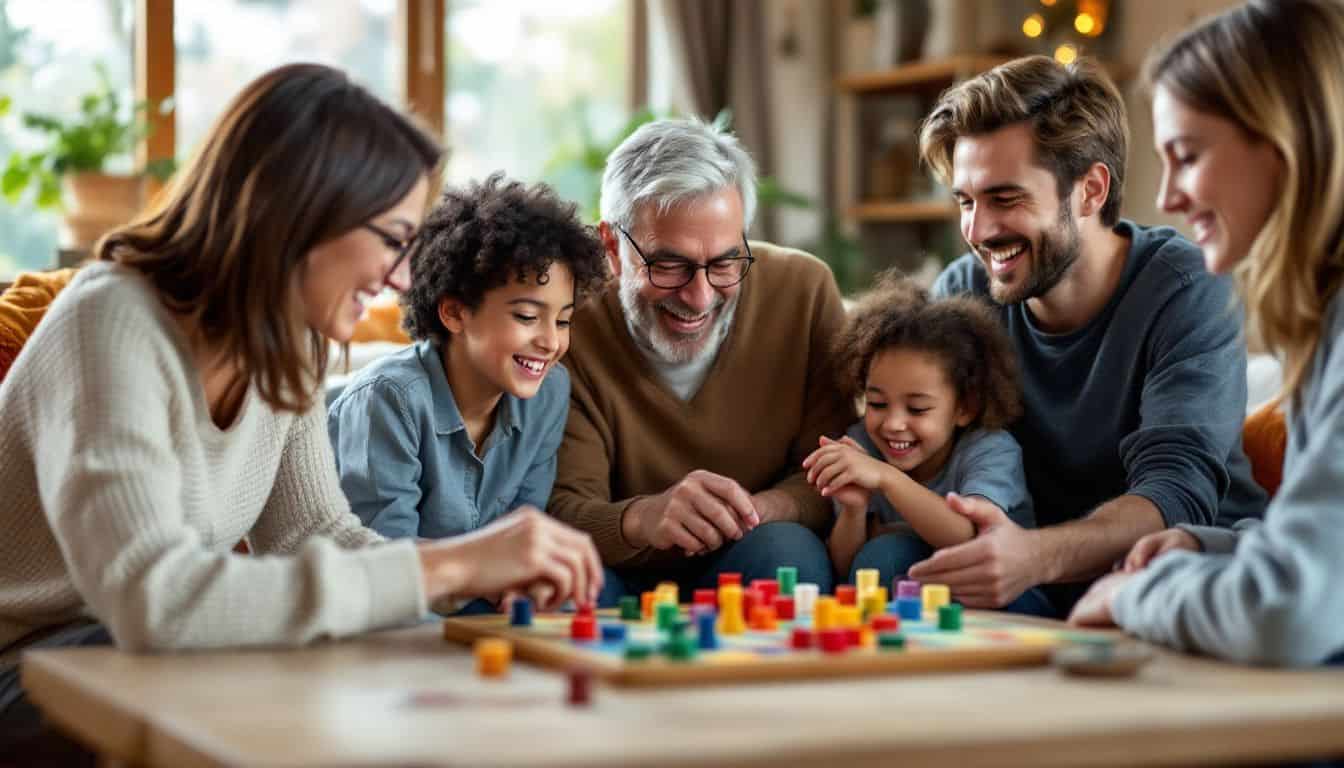 A diverse group enjoys a board game in a cozy living room.