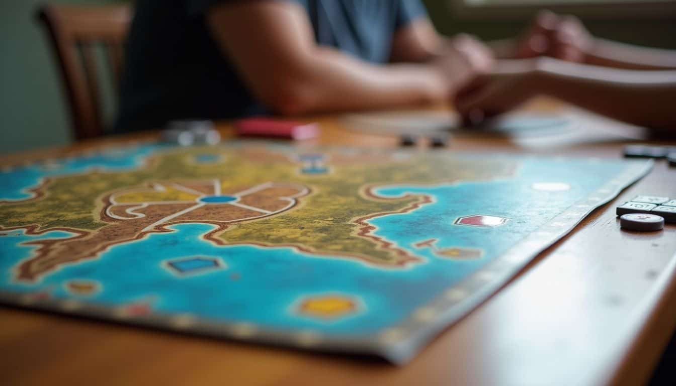 A game board of Pandemic is set up on a worn wooden table, showcasing scattered game pieces.