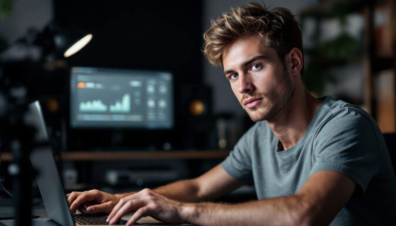 A young musician studies his SoundCloud analytics in a home studio.