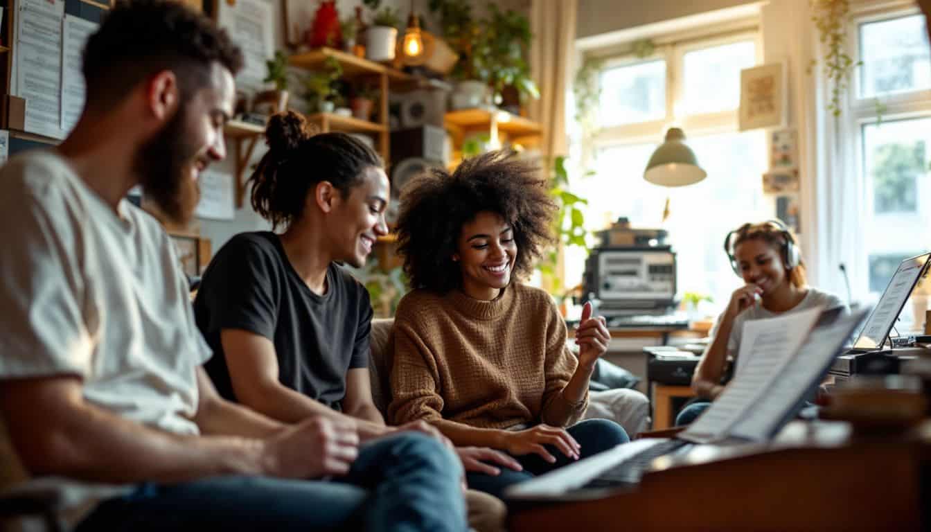 A diverse group of young musicians collaborating in a cozy studio.