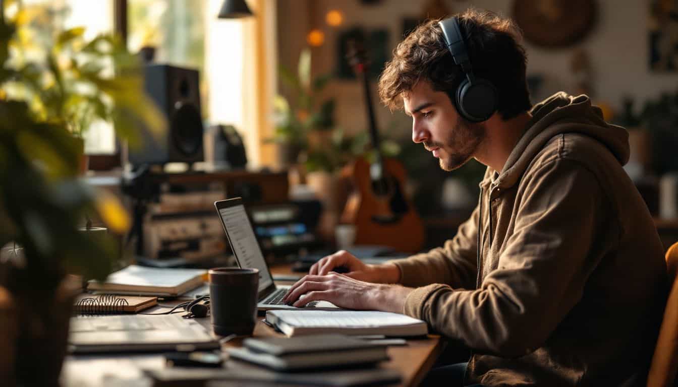 A musician in their mid-20s working on their SoundCloud profile in a cozy home studio.