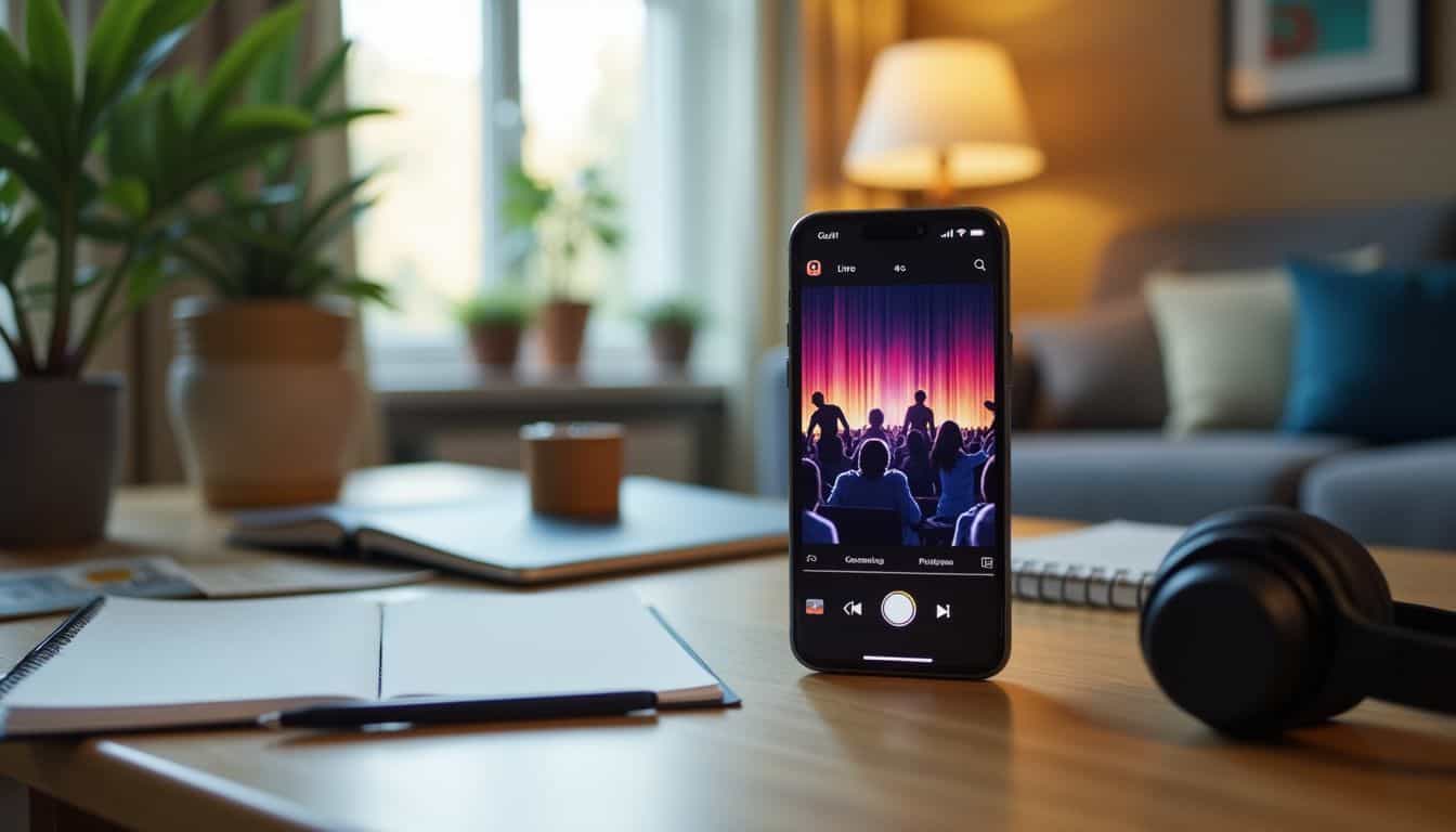 A smartphone displaying a lively Instagram Live session in a cozy home office.