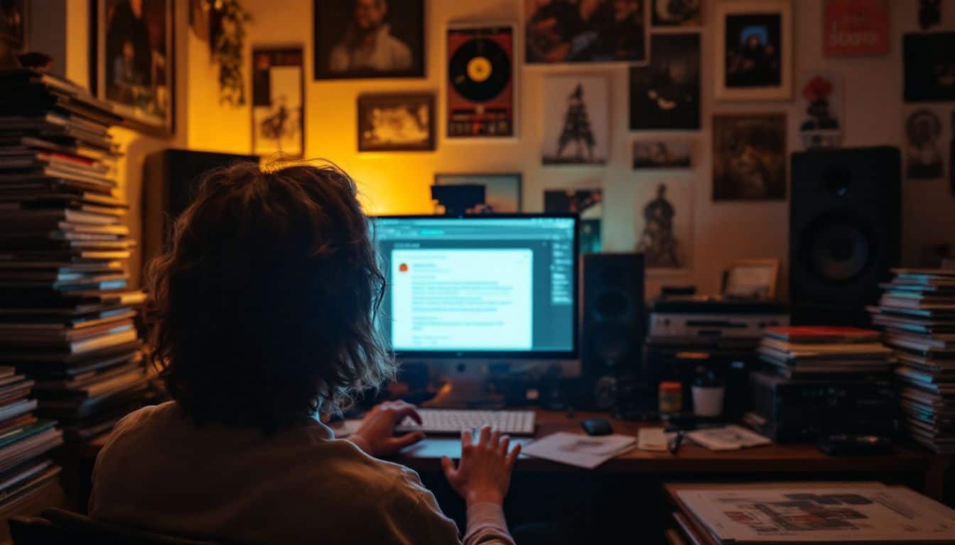 A musician reading and responding to positive fan feedback in home studio.