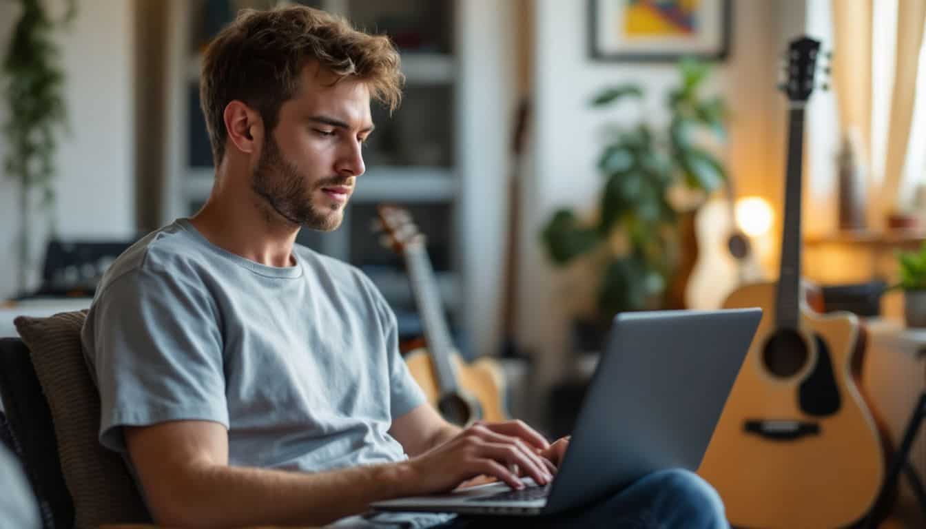 A young artist in a home studio creating a collaborative music playlist.