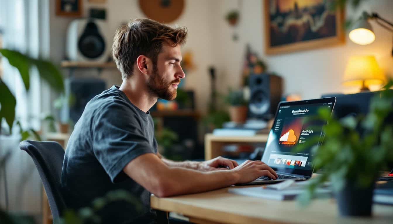 A musician in their 30s sits at a desk in a cozy home studio, working on their latest music for SoundCloud Pro Spotlight.