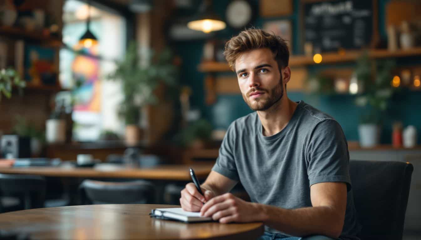 A young man writing an artist bio in a cozy coffee shop.