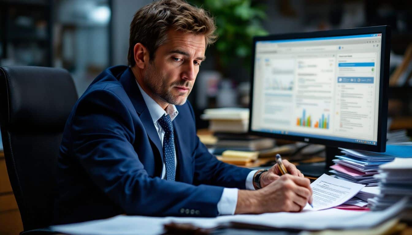 A personal injury attorney reviews legal documents in his office.