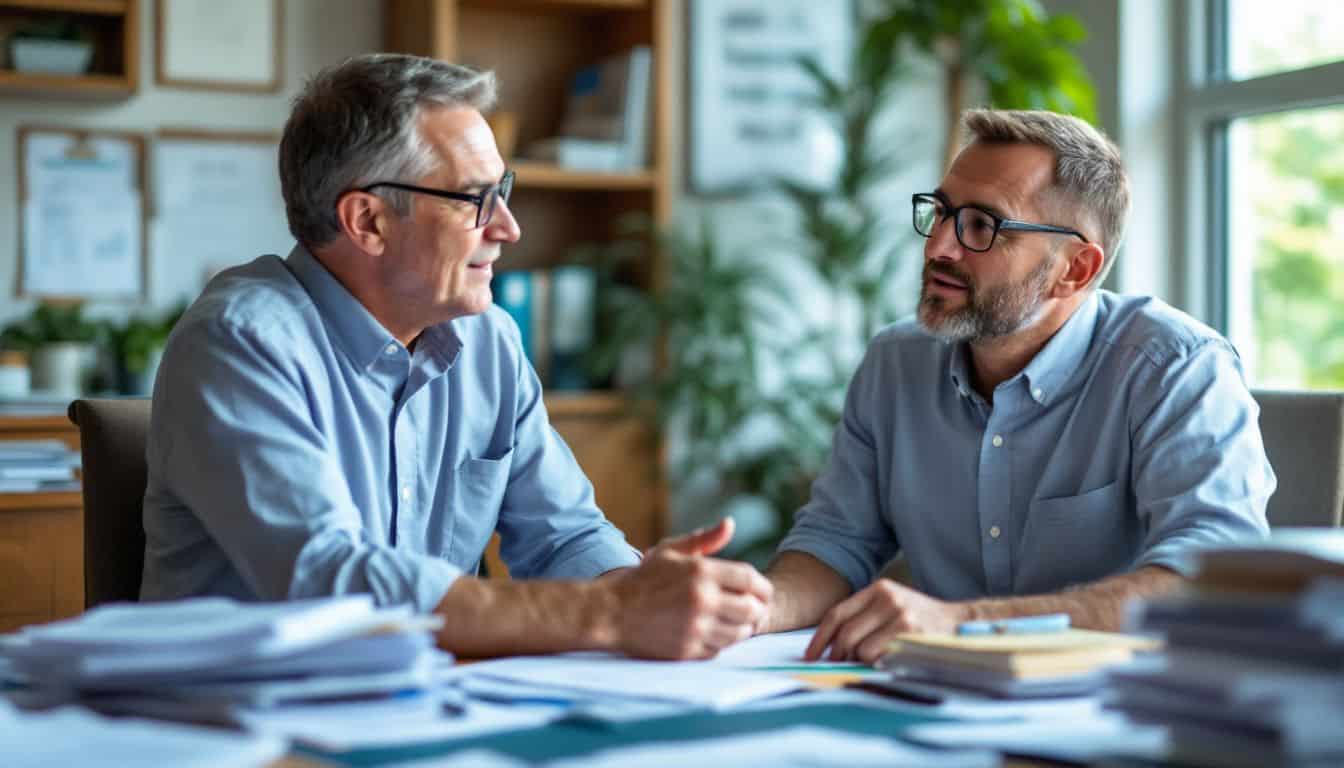 A middle-aged man consults with his lawyer about a personal injury case.