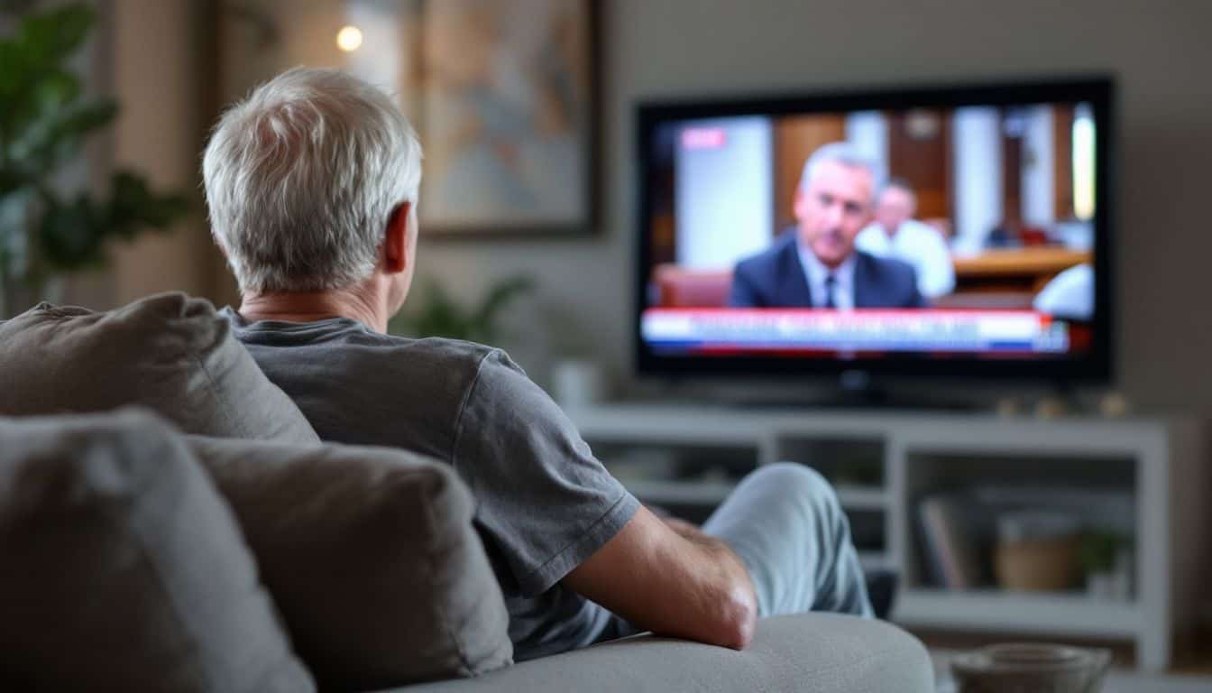 A middle-aged person watches a court show on TV in a cozy living room.