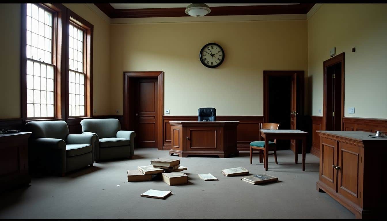 Abandoned courthouse room filled with dusty furniture and scattered legal books.