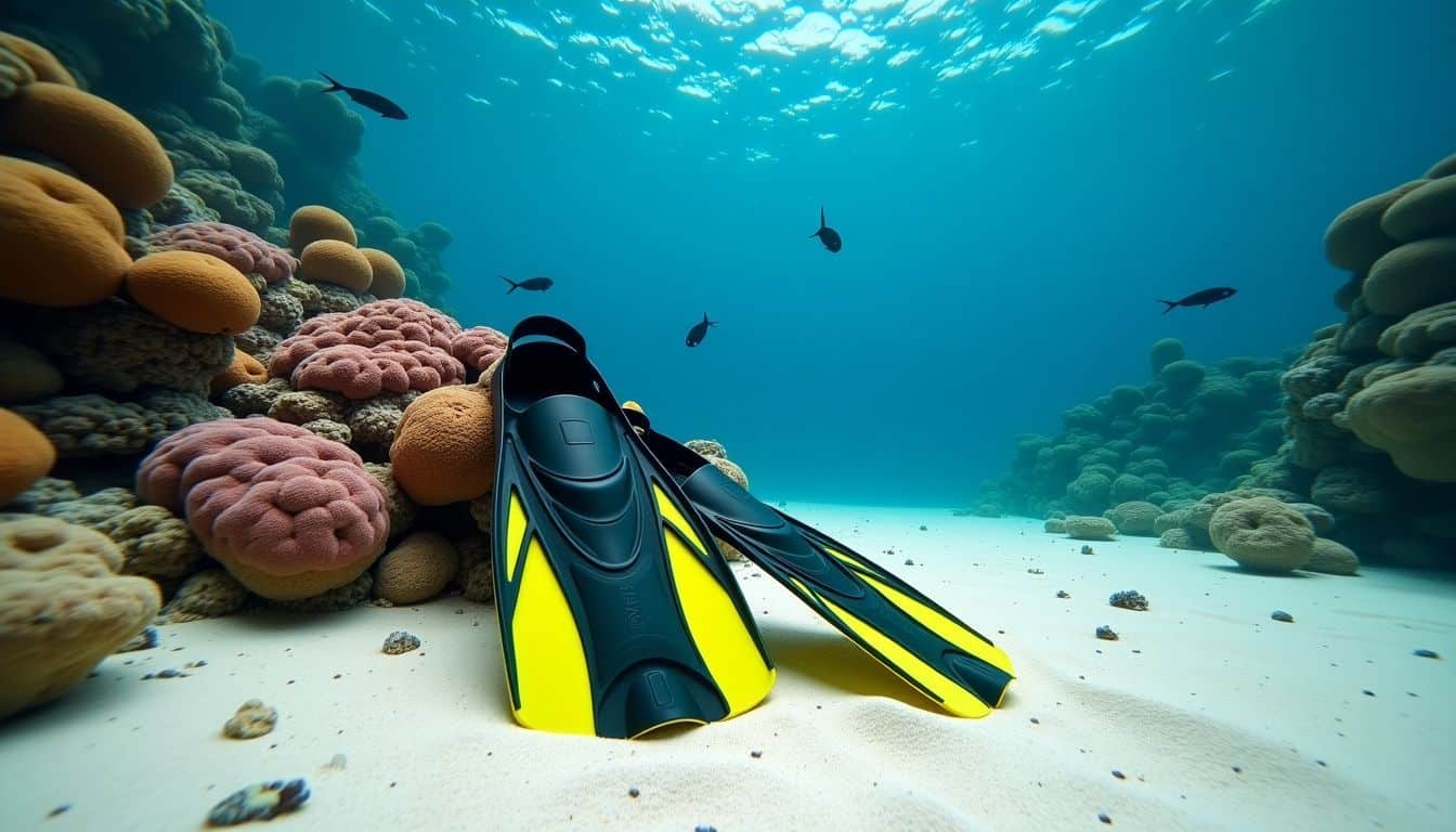 Scuba diving fins rest on ocean floor amidst vibrant marine life.