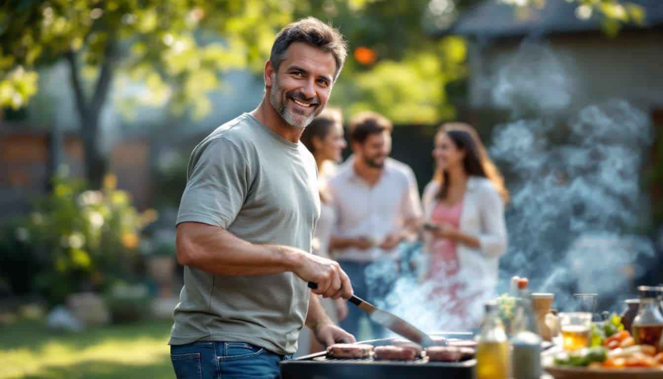 A man grills food at a backyard barbecue with friends.