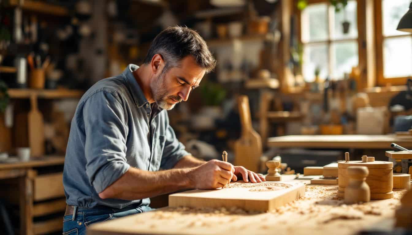 A man carving wood in a cozy workshop filled with tools.